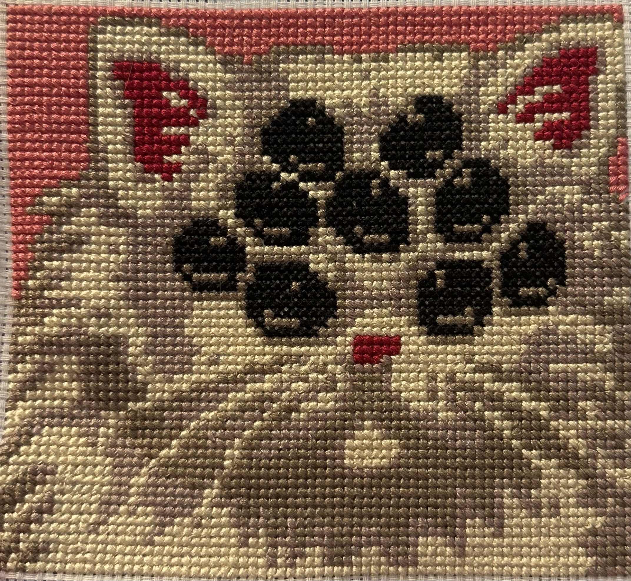 cross stitch of a cat with nine eyes in a similar fashion to a spider